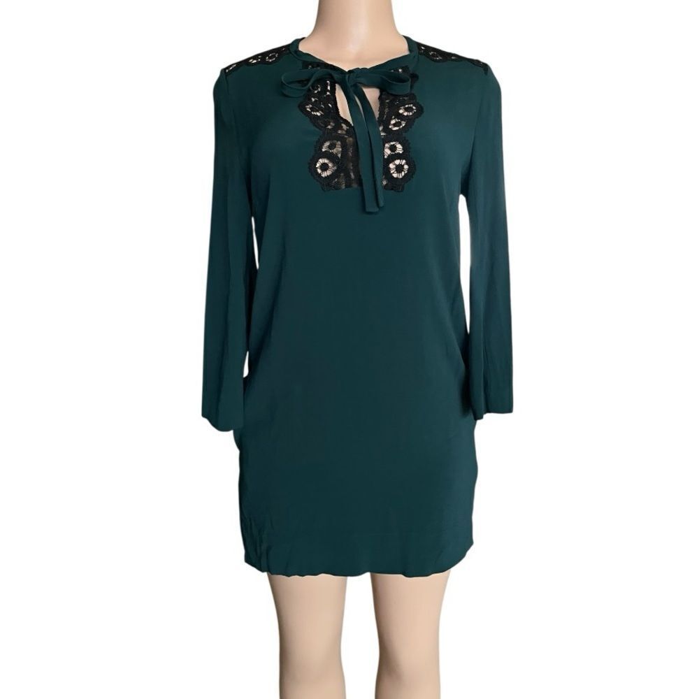 Sandro Dark Green Dress with Black Lace Accents